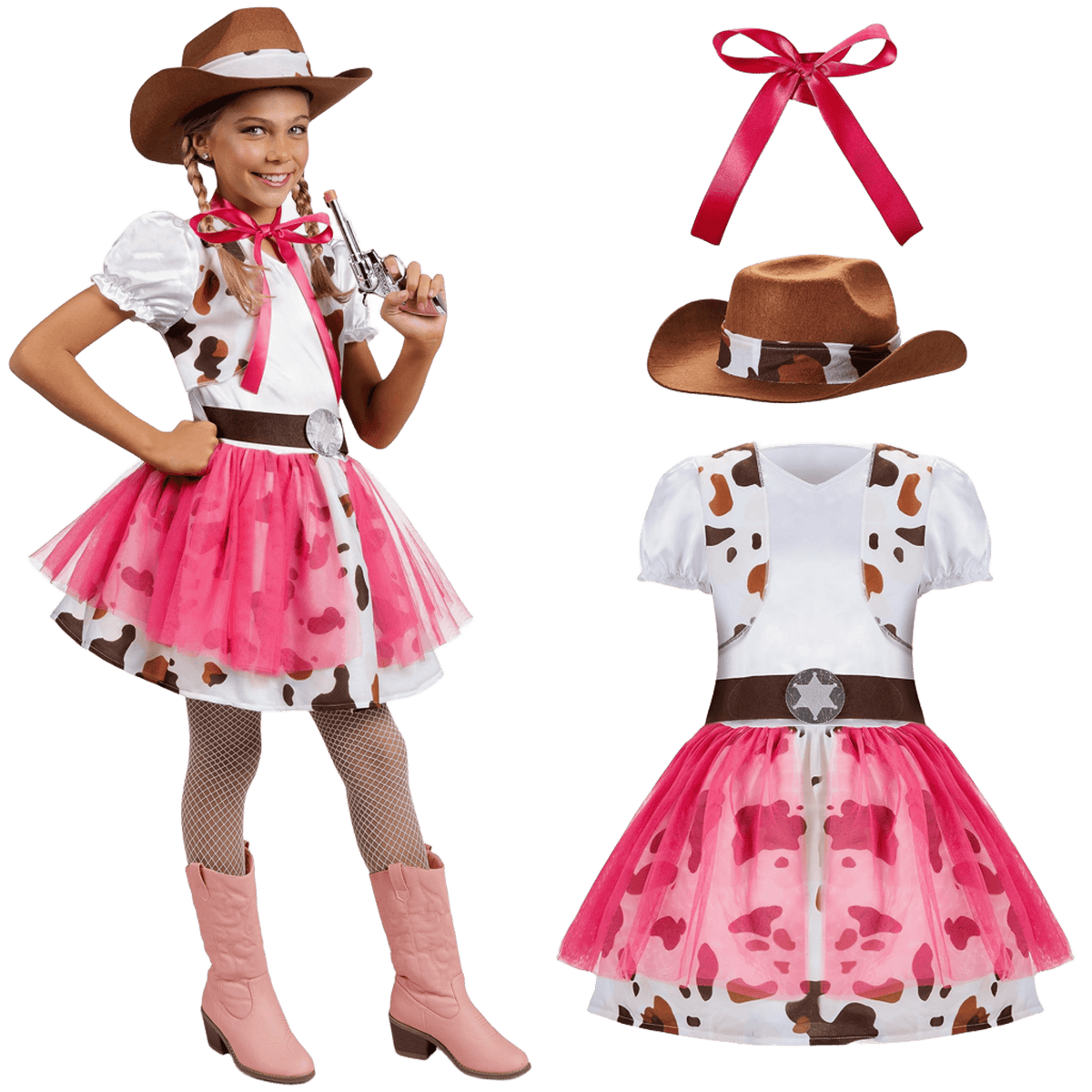 Girls Pink Cowgirl Costume Set – Wild West Sheriff Dress Outfit