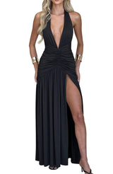 Memoriesea Womens Sexy Halter Deep V Neck High Slit Ruched Party Cocktail Maxi Dress Black