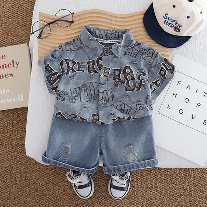 Short sleeved shirt and shorts set with letter pattern