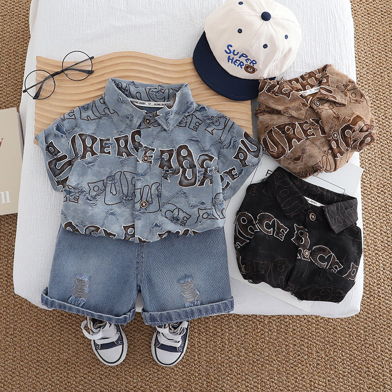 Short sleeved shirt and shorts set with letter pattern