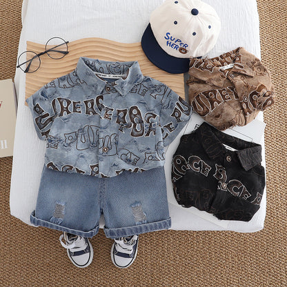 Short sleeved shirt and shorts set with letter pattern