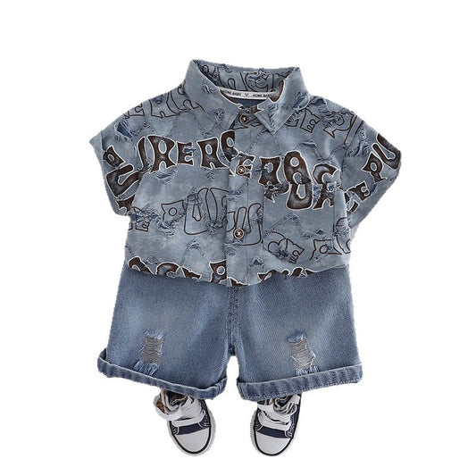 Short sleeved shirt and shorts set with letter pattern