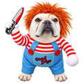 Halloween Chucky Dog Costume – Horror Doll Outfit with Knife Accessory for Dogs