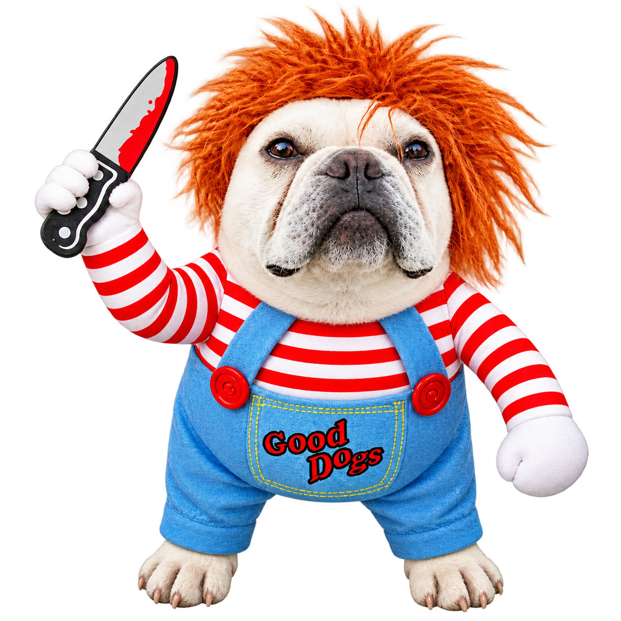 Halloween Chucky Dog Costume – Horror Doll Outfit with Knife Accessory for Dogs