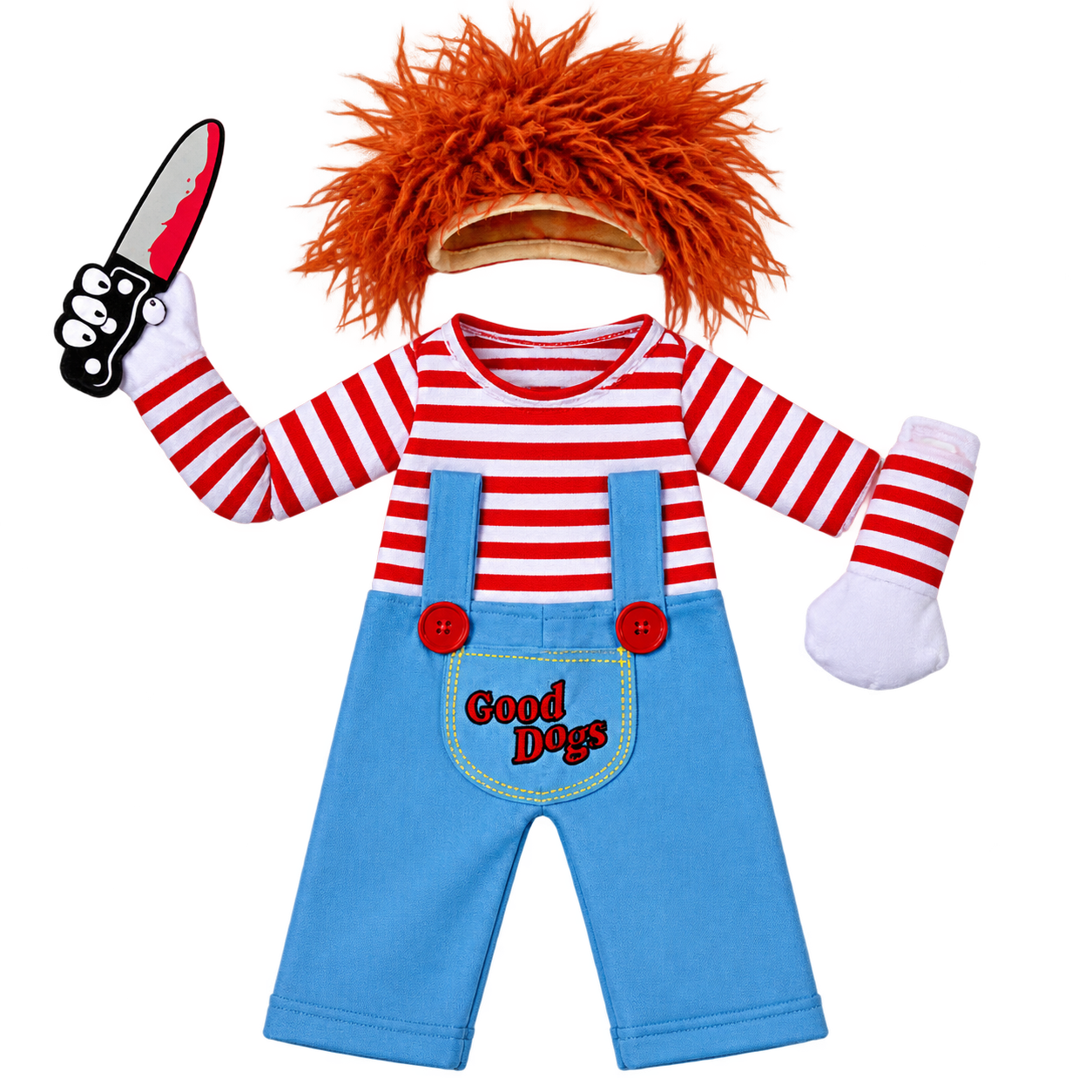 Halloween Chucky Dog Costume – Horror Doll Outfit with Knife Accessory for Dogs