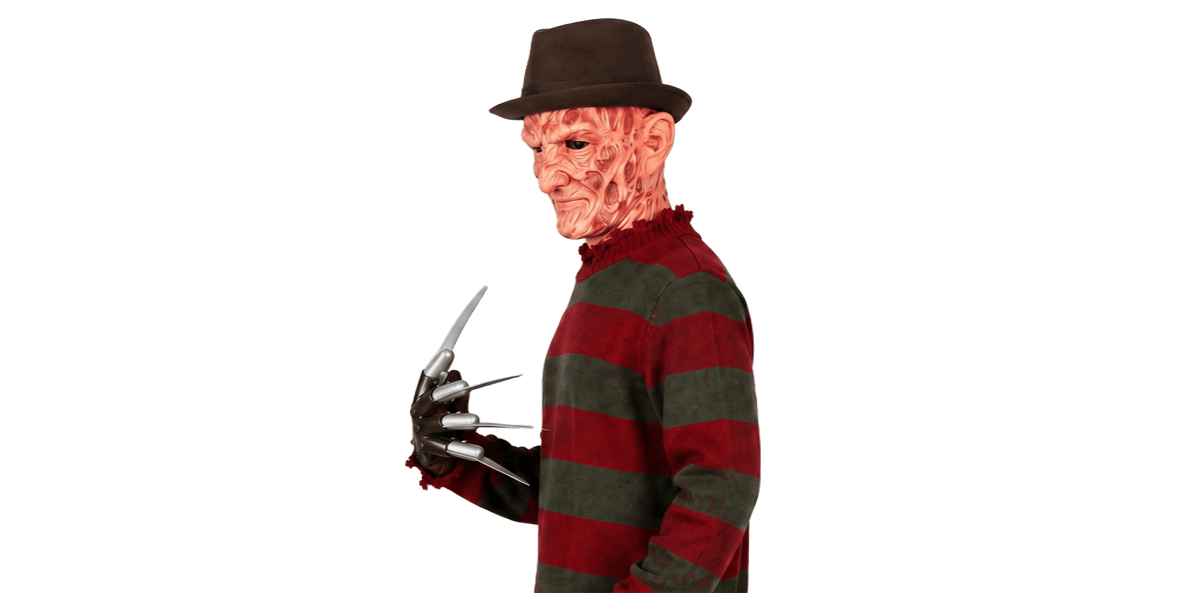 Nightmare Slasher Horror Costume Set – Striped Sweater, Burned Face Mask, Fedora Hat & Claw Glove
