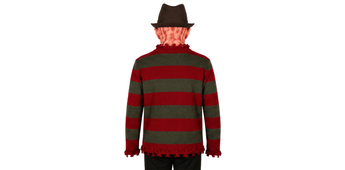 Nightmare Slasher Horror Costume Set – Striped Sweater, Burned Face Mask, Fedora Hat & Claw Glove