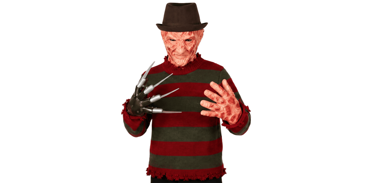 Nightmare Slasher Horror Costume Set – Striped Sweater, Burned Face Mask, Fedora Hat & Claw Glove