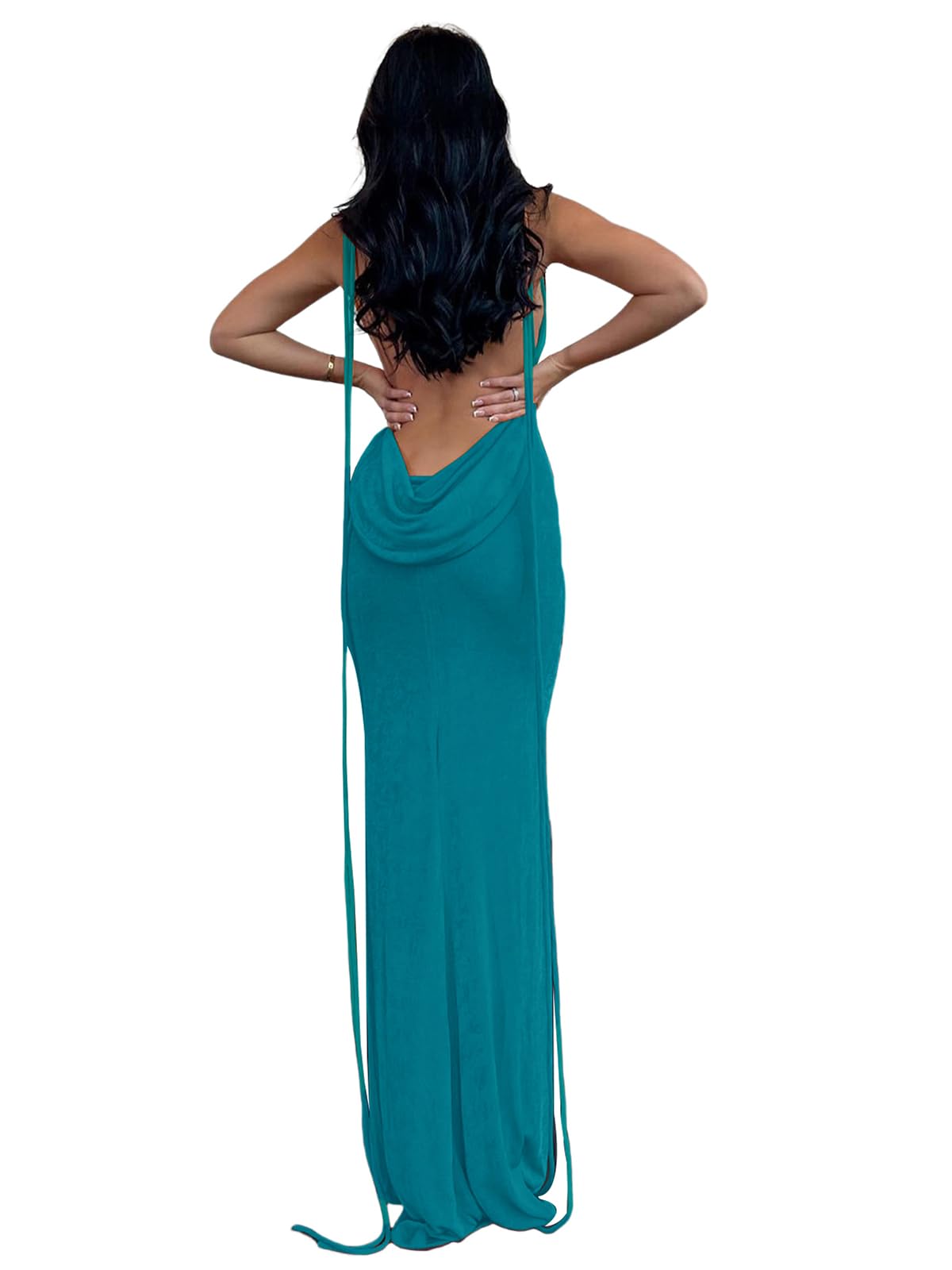 Turquoise Backless Bodycon Maxi Dress – Spaghetti Strap Elegant Evening Dress