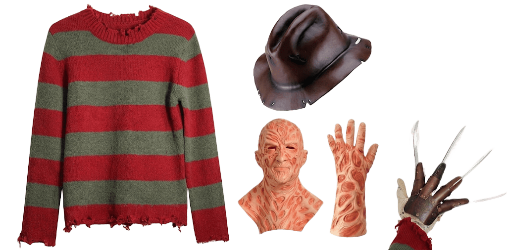 Nightmare Slasher Horror Costume Set – Striped Sweater, Burned Face Mask, Fedora Hat & Claw Glove